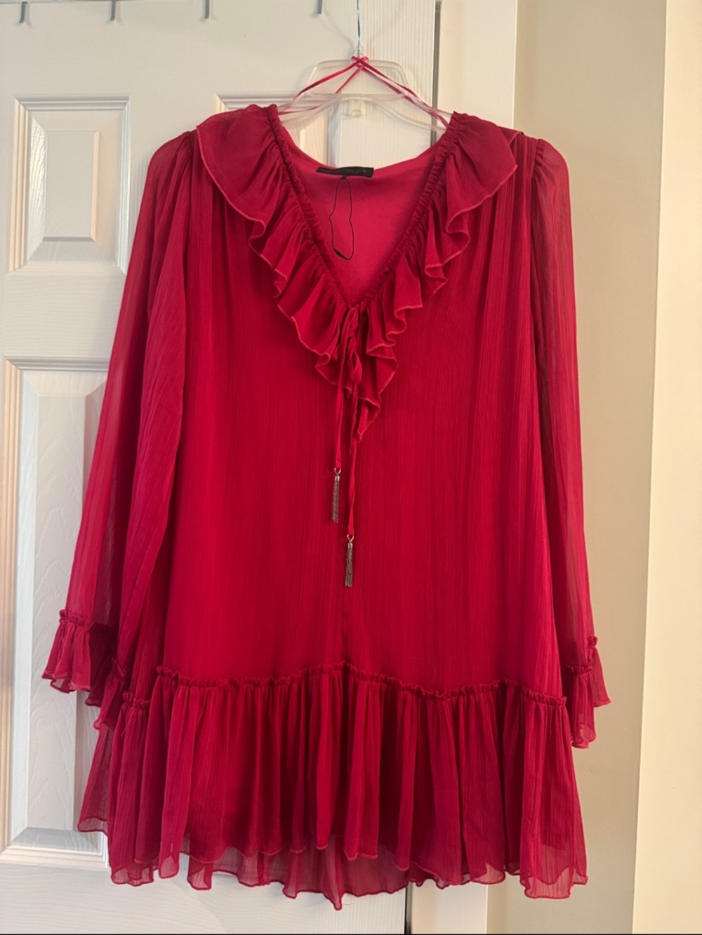 ZARA Magenta V-neck Tunic with tie and metal tassels.